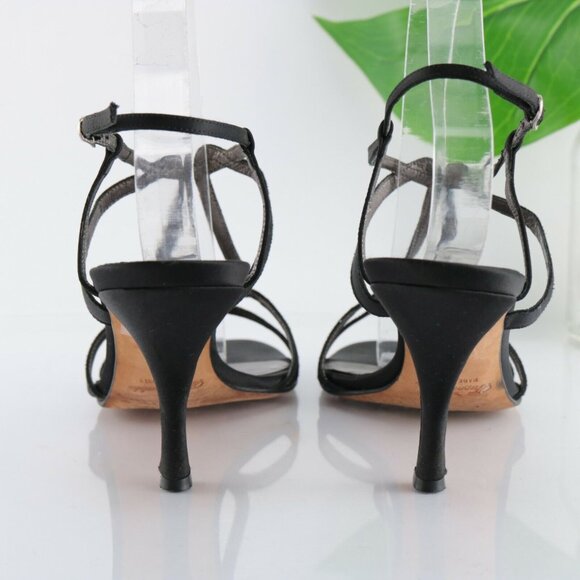 Faconnable Womens Sandal Size 10 Black Satin Strappy Caged High Heel Dress Shoe - Picture 7 of 12